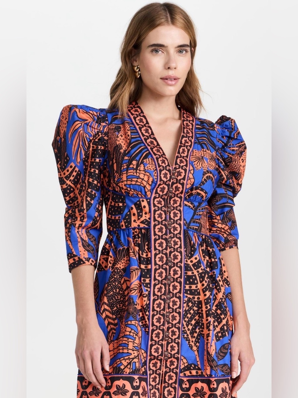 FARM Rio Royal Blue and Orange Botanical-Print Midi Dress